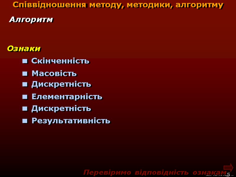 М.Кононов © 2009  E-mail: mvk@univ.kiev.ua 5  Алгоритм Співвідношення методу, методики, алгоритму Перевіримо